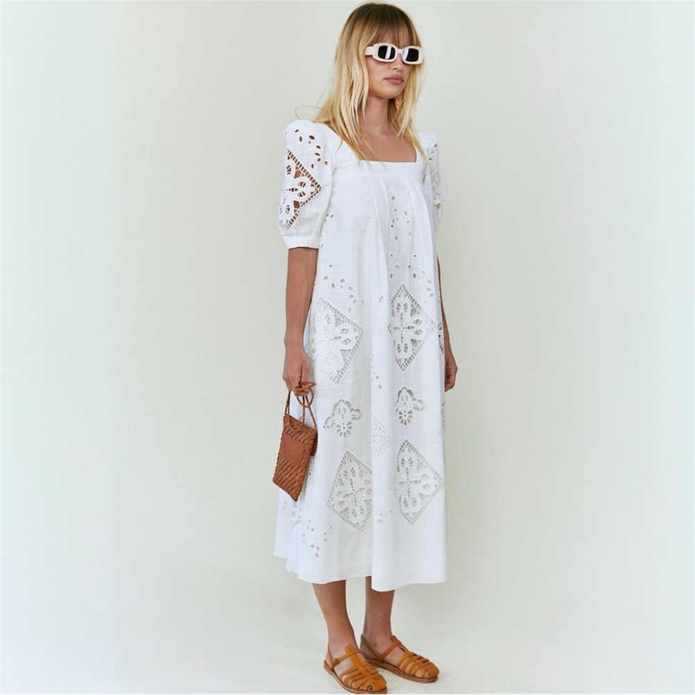 Hunter Bell Waverly Cream Eyelet Midi Dress Cotton Size Medium NWOT - Picture 4 of 15